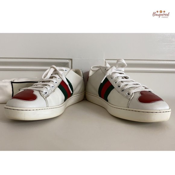 Authentic GUCCI White Leather Ace Heart Embroidered Web Low Top Sneakers 36/6 G - Picture 11 of 13